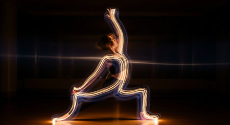 Young woman doing yoga exercise in dark room with neon light on backgroundの素材