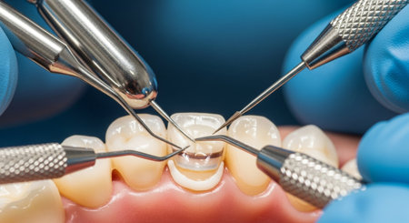 Dentist checkup teeth with dental mirror and probe. Classic orthodontic dentistry.の素材