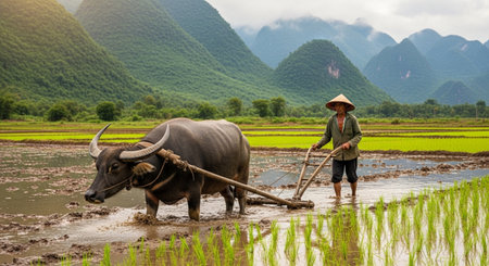 Vietnamese farmer with buffalo on the rice field in Vietnam.の素材