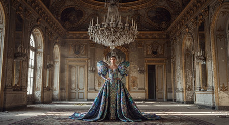 Beautiful young woman in medieval dress in the room of royal palaceの素材