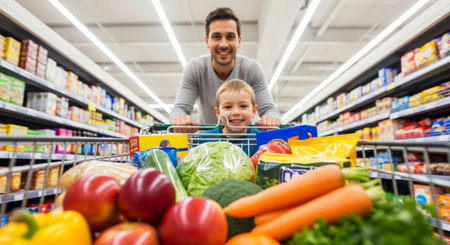 Father and son shopping in a grocery store. Selective focus.の素材