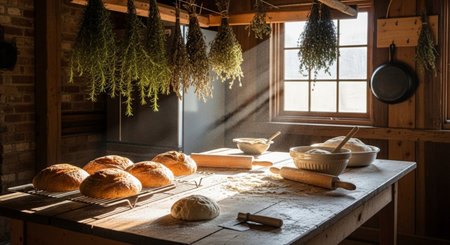 Bread on the table in the kitchen of an old country houseの素材