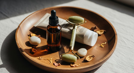 Essential oil in a bottle and jade roller on a wooden trayの素材
