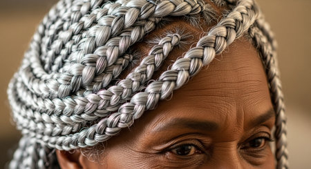 Portrait of a woman with braids on her head. Close-up.の素材