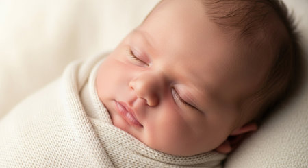 Cute newborn baby sleeping on white blanket, close-up.の素材