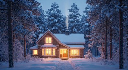 Winter cottage in the forest. Winter landscape. 3d rendering.の素材