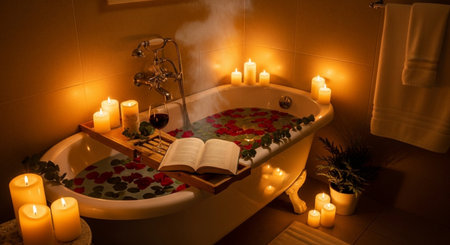 Bathtub with burning candles and open book in the bathroom.の素材