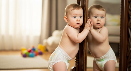 Portrait of cute baby boy and girl in diaper looking at mirrorの素材