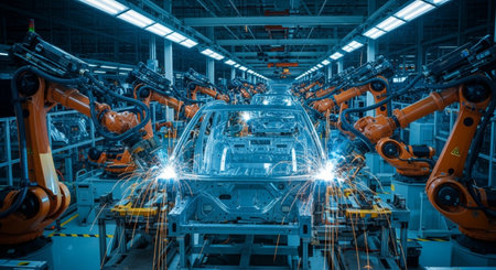 Automation manufacturing robots and automated production line in factory. Concept of artificial intelligence for industrial revolution and automation manufacturing process.の素材