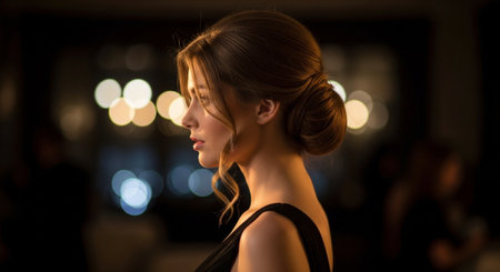 Portrait of a beautiful young woman in a black dress, back viewの素材