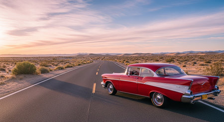 Classic american car on the road in the desert at sunset.の写真素材 ...