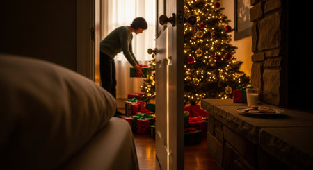 Man opening the door with christmas tree in the background at homeの素材