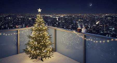 3D rendering of a Christmas tree on a balcony overlooking the city at nightの素材