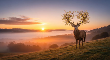 Deer in the foggy meadow at sunrise. 3d renderingの素材