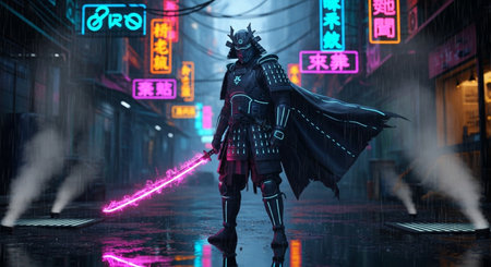 Futuristic knight in the night city. 3D rendering.の素材