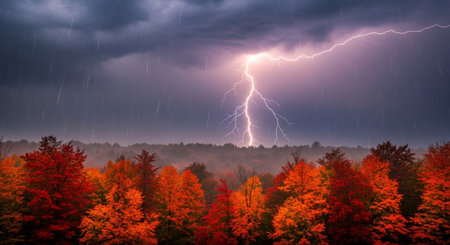 Thunderstorm over the forest in autumn, panoramic view.の素材