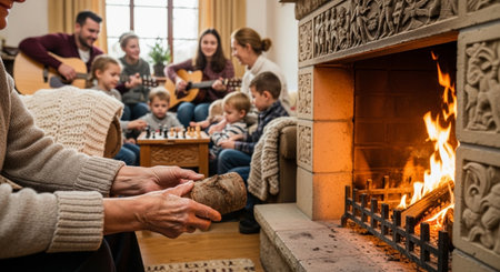 Hands of parents and their children in front of the fireplace.の素材