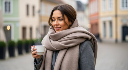 beautiful young woman in scarf and coat holding cup of coffee in cityの素材