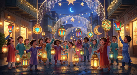 Merry Christmas and Happy Holidays greeting card. Group of kids with lanterns in the night city.の素材