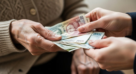 Hands of senior woman receiving money from her caregiver, closeupの素材