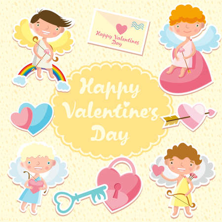 Happy valentine's day. Set of stickers. Cupids. Congratulation. Lovely angels.のイラスト素材