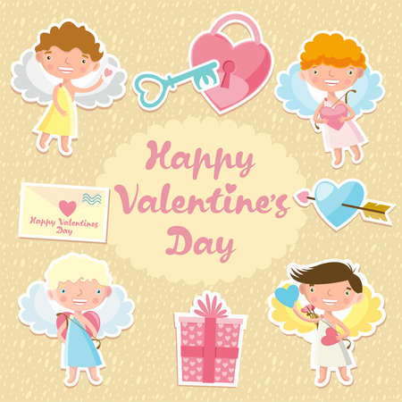 Happy valentine's day. Set of stickers. Cupids. Congratulation. Lovely angels.のイラスト素材