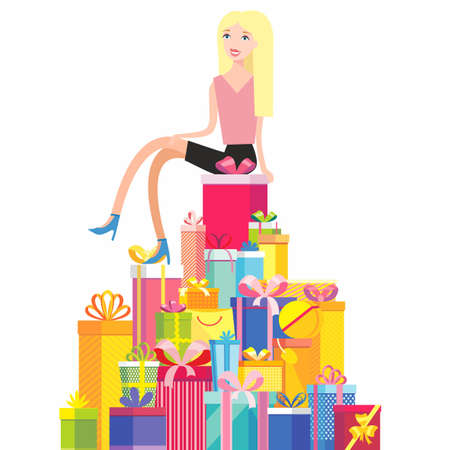 The girl on the mountain of gift boxesのイラスト素材