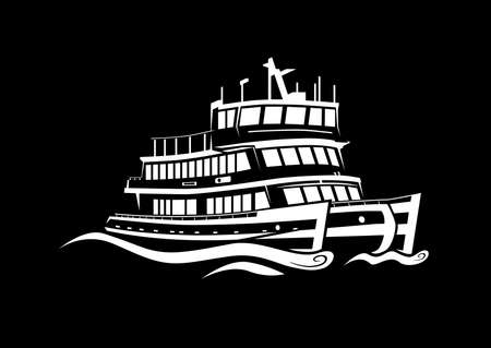 Discerning loose style harbor ferry cruising black negative creating waves in calm seaの写真素材