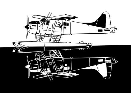 Indiscrete style black white combo mirror propeller driven seaplane skimmers on calm sea の写真素材