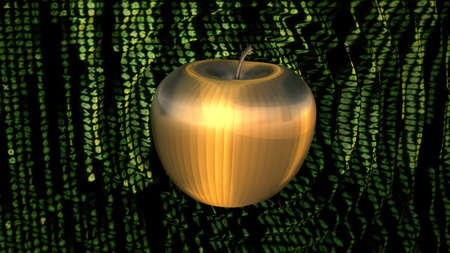 3D render golden powerful cyber apple rippling shockwaves in green coded cyberspace の写真素材
