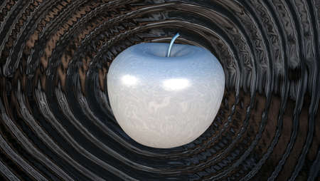 3D render shiny powerful liquid metal apple rippling shockwaves of dark liquid の写真素材