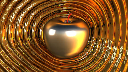 3D render shiny powerful platinum apple rippling shockwaves over liquid gold baseの写真素材