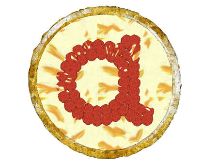 3D golden crust cheesy pizza with beef pepperoni topping shaped alphabet small a two top viewの写真素材