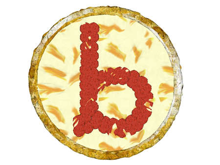 3D golden crust cheesy pizza with beef pepperoni topping shaped alphabet small b top viewの写真素材