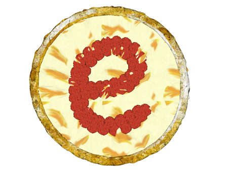 3D golden crust cheesy pizza with beef pepperoni topping shaped alphabet small e top viewの写真素材
