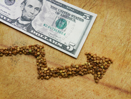 Buckwheat up arrow illustrating buckwheat price growth on the wooden background with american moneyの写真素材