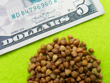 Buckwheat grain on the five dollar banknote on the green background illustrated the high prices of the buckwheatの写真素材