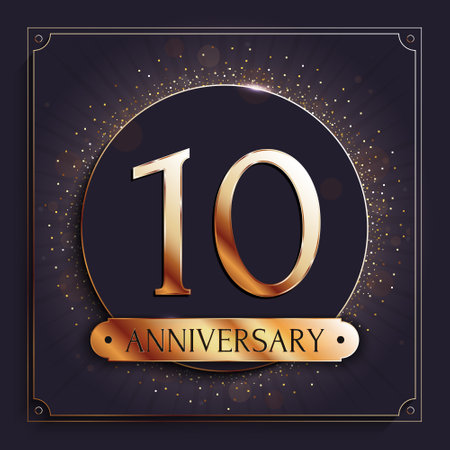 10 years anniversary gold banner on dark background. Vector illustration.のイラスト素材