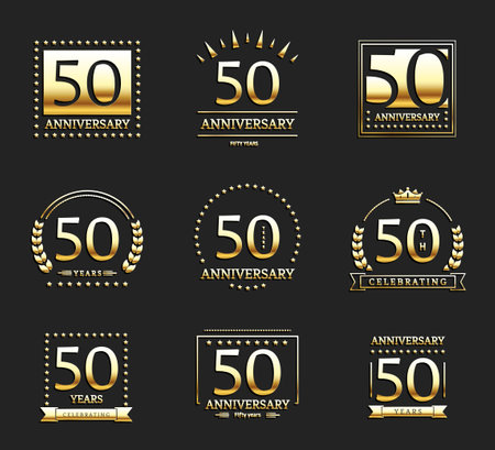 50th anniversary gold icon set. Vector illustration.のイラスト素材