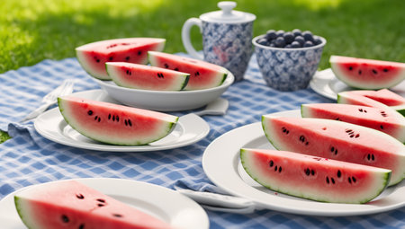 A Composition Of A Visually Stimulatingly Arranged Picnic Table With Watermelon Slicesの素材