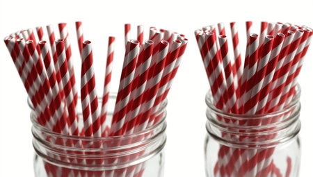 A Composition Of An Intriguingly Complex Picture Of Two Jars With Red And White Striped Strawsの素材