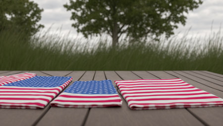 An Image Of A Brilliantly Hued American Flag Is Placed On A Wooden Tableの素材