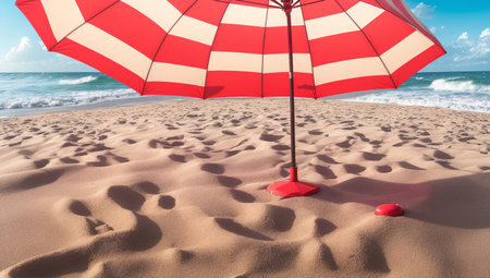 An Illustration Of A Picturesque Beach With A Red And White Umbrellaの素材