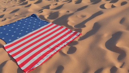 A Depiction Of A Delightfully Whimsical American Flag Laying In The Sandの素材