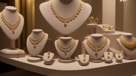 An Illustration Of An Abstract Display Of Gold Jewelry On A Tableの素材