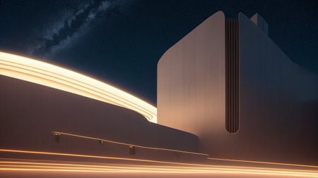 A Colorful Photograph Of A Building With A Sky Background And A Car Passing By AI Generativeの素材