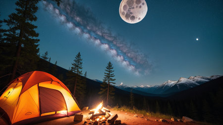 A Beautiful View Of A Tent And A Campfire With A Full Moon In The Background AI Generativeの素材