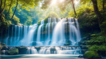 A Remarkable Image Of A Waterfall In The Middle Of A Forest AI Generativeの素材