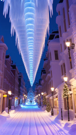 A Gorgeous View Of A Street With Icicles Hanging From The Ceiling AI Generativeの素材