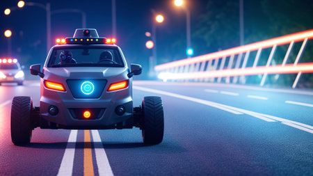 A Radiant Vehicle With Lights On Driving Down A Street At Night AI Generativeの素材